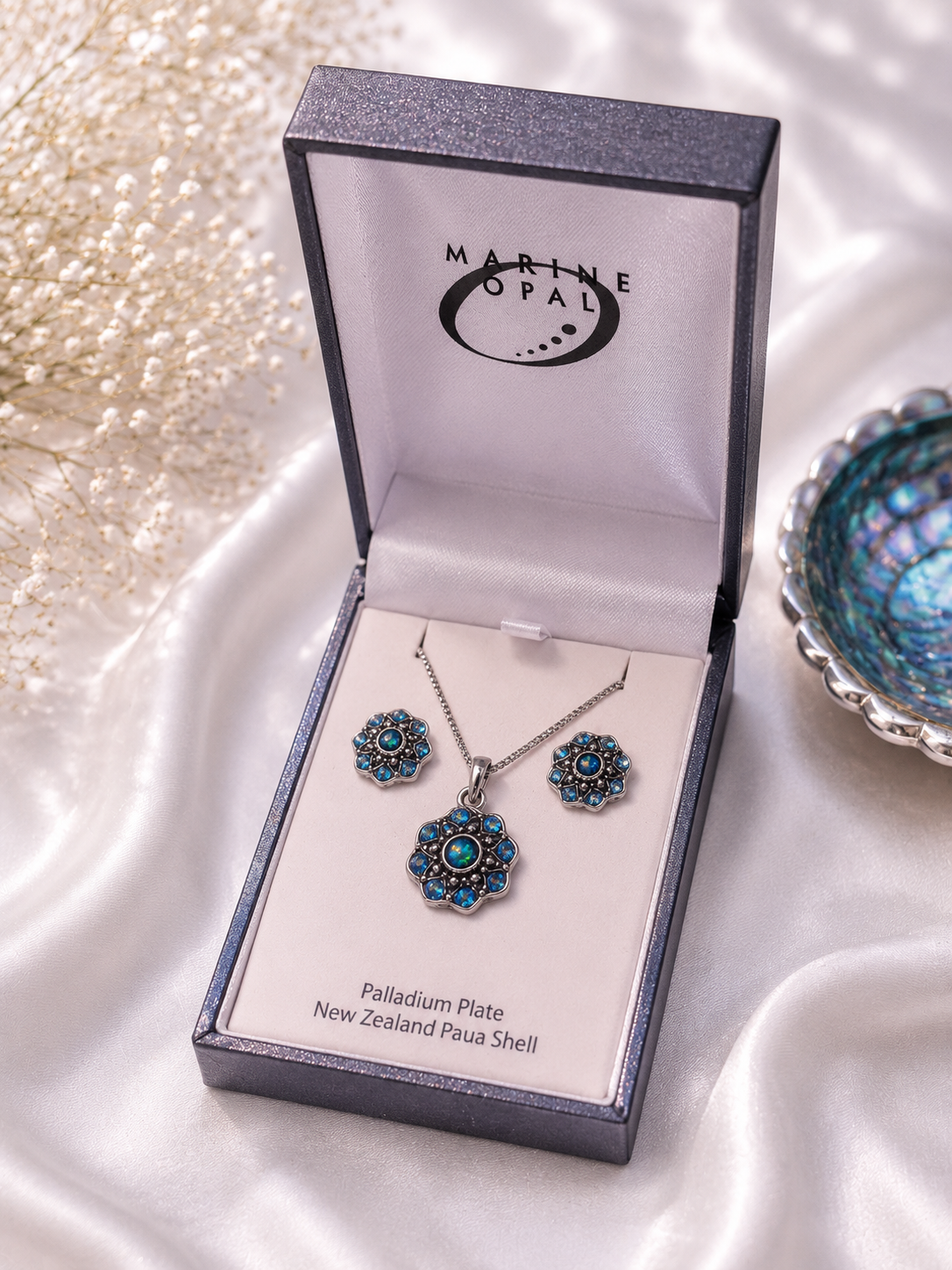 Flower Shape Earrings and Necklace Set with Paua Shell
