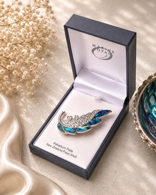 Paua Shell Brooch Crystal Leaf