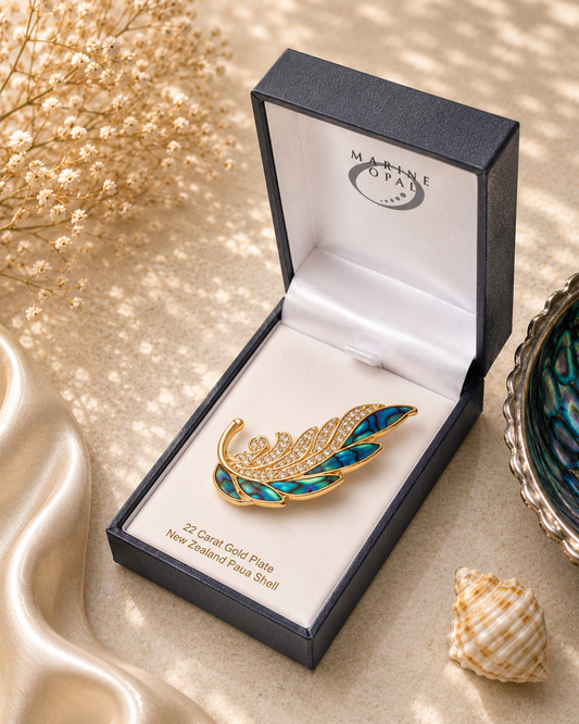 Paua Shell Brooch Crystal Leaf